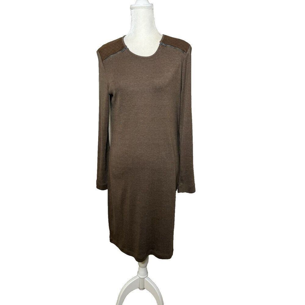 LRL Ralph Lauren Stretch Knit Dress Size L Brown Long Sleeves Faux Suede Zippers